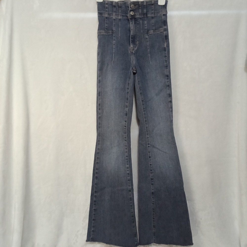 We The Free High Rise Flare Jeans Blue Denim Corset Waist Raw Hem Size 25
